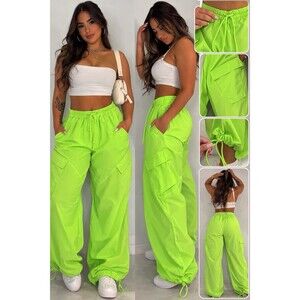 Neon Green Parachute Pants Y2K High Rise Drawstring Adjustable Hem XXS